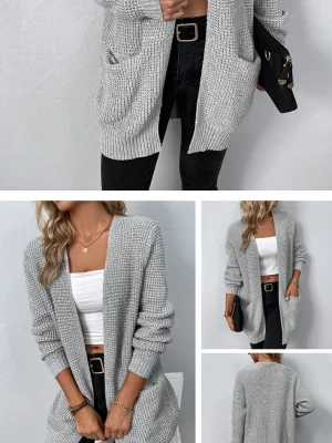 Autumn Solid Color Knit Cardigan Women Fashion Pockets Sweater