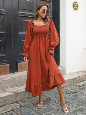 Women’s Casual Ruffled Square Collar Maxi Swing Dress