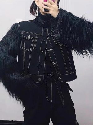 Autumn Winter Oversleeves Patchwork Turtleneck Black Single-Breasted Loose Denim Jacket