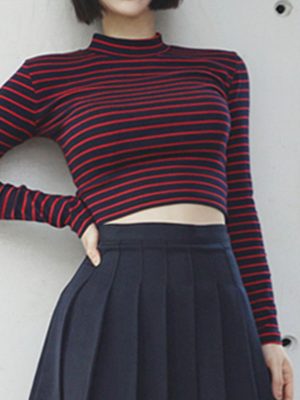 Striped Slim Fit Cropped T-Shirt for Women – Half High Collar Long Sleeves