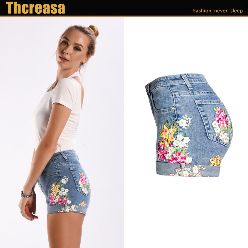 Women’s Wide Leg Stretch Denim Shorts with 3D Floral Embroidery - Image 5
