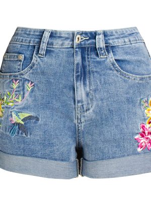 Women’s Wide Leg Stretch Denim Shorts with 3D Floral Embroidery