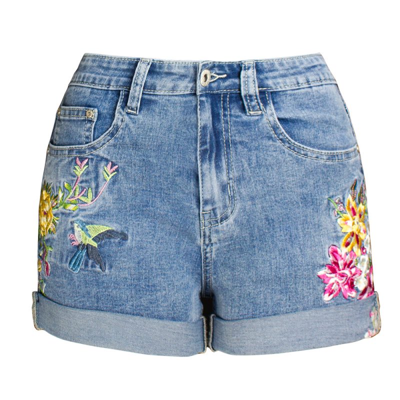 Women’s Wide Leg Stretch Denim Shorts with 3D Floral Embroidery