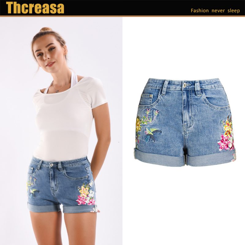 Women’s Wide Leg Stretch Denim Shorts with 3D Floral Embroidery - Image 4