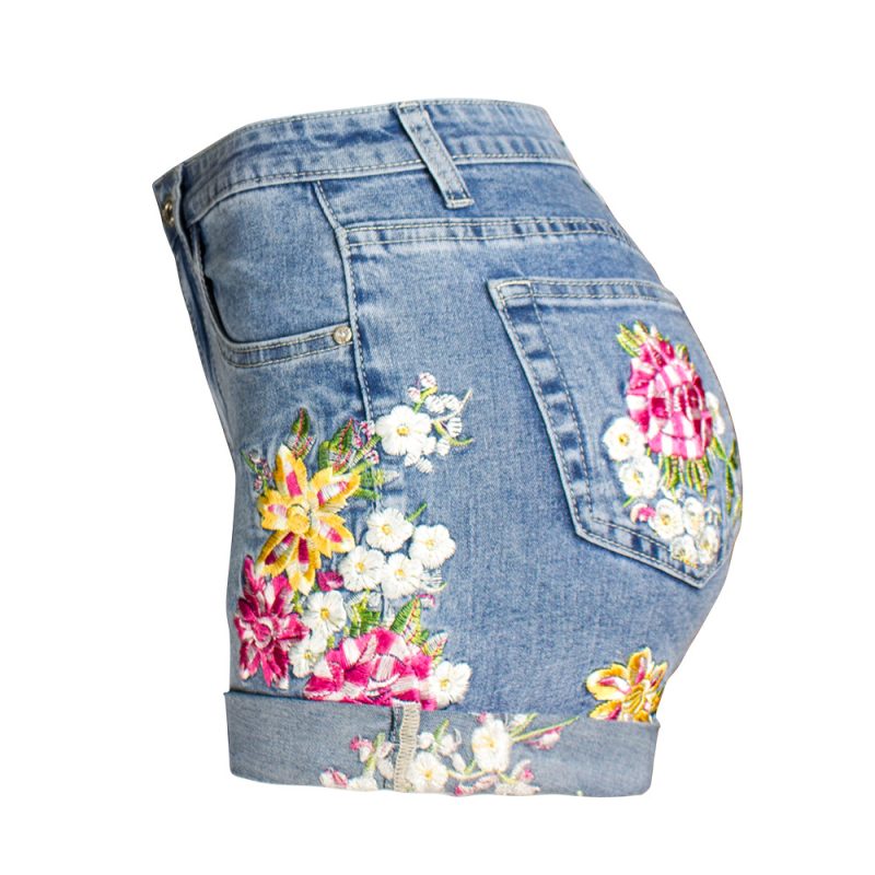 Women’s Wide Leg Stretch Denim Shorts with 3D Floral Embroidery - Image 3
