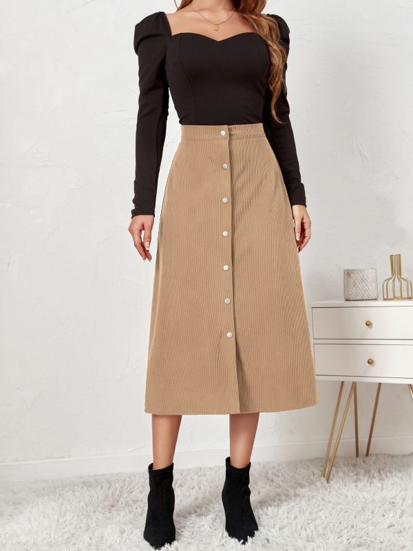 Autumn Winter High Waist Corduroy Maxi Skirt Single-Breasted - Image 5