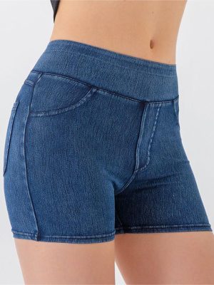 Women’s High Waist Denim Yoga Shorts Slimming Stretch Workout Pants