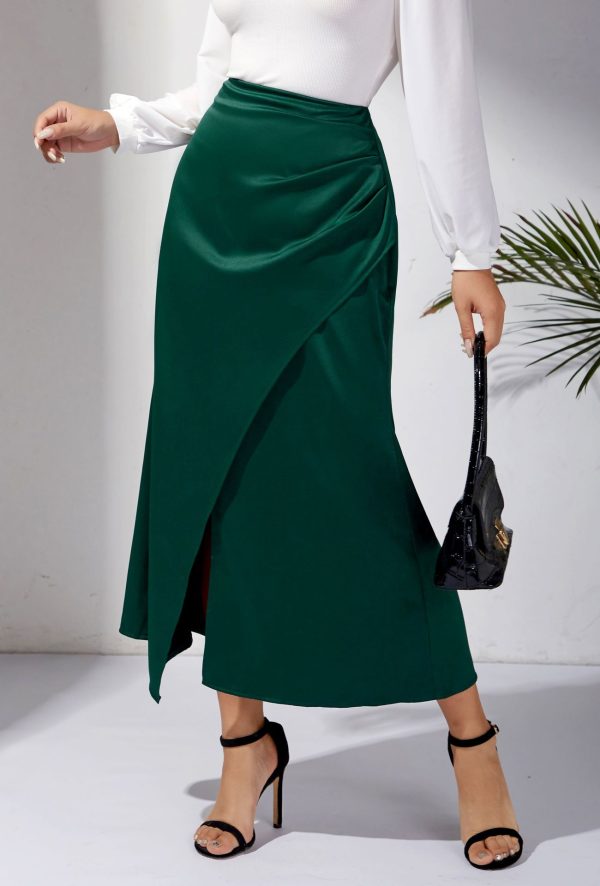 High Waist Satin Pleated Split Fishtail Hip Skirt for Women