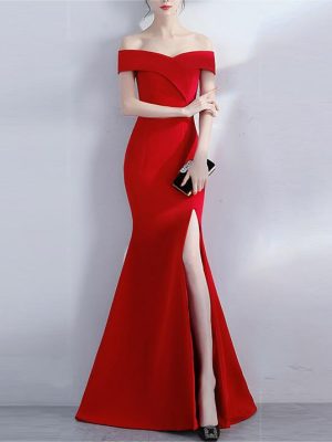 Elegant Off-Shoulder Fishtail Cocktail Evening Maxi Dress