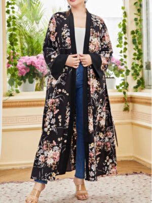 Plus Size Artistic Printed Chiffon Cardigan – Long Sleeve Elegant Coat