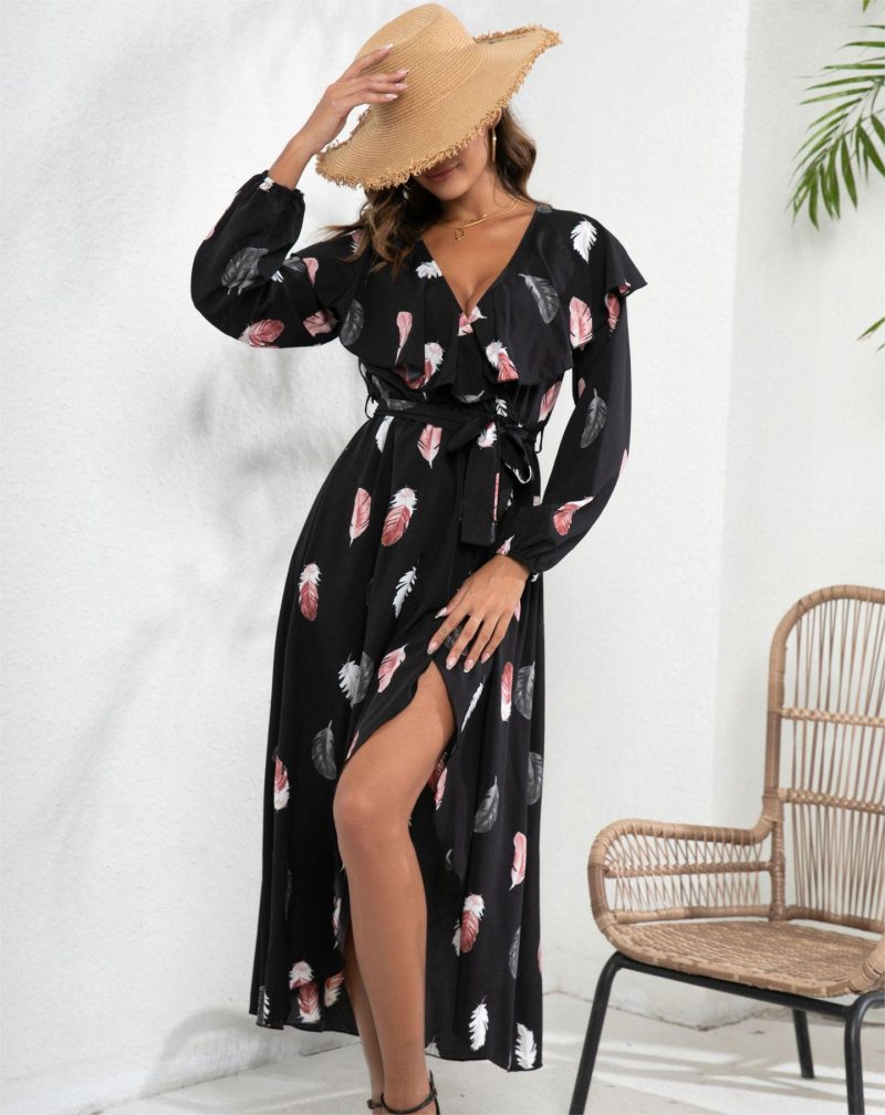 Feather Print Lantern Sleeve Wrap Maxi Dress for Women - Image 3