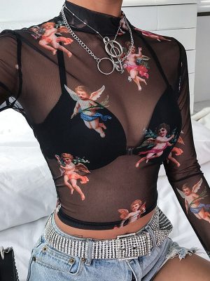 Cupid Print Sheer Mesh Cropped Top – Women’s Long Sleeve Streetwear