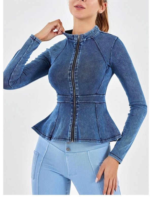 Autumn Winter Denim Yoga Zipper Coat - High Collar Slimming A-Line Hem - Image 2