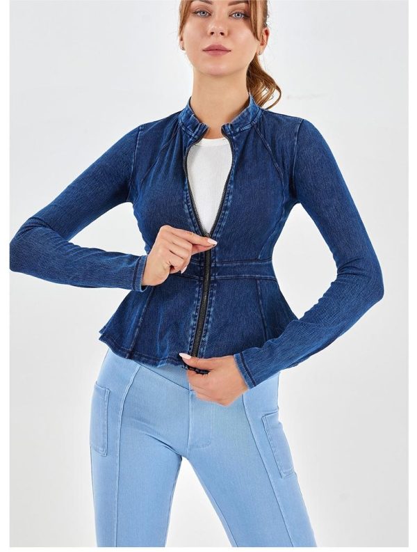 Autumn Winter Denim Yoga Zipper Coat - High Collar Slimming A-Line Hem - Image 4