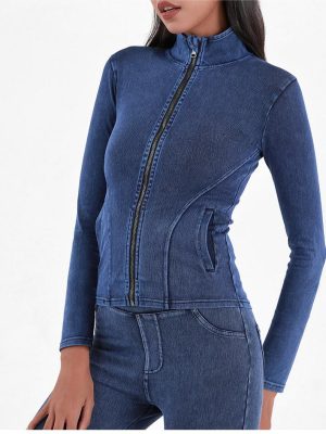 Knitted Denim Zipper Yoga Jacket for Women – Slimming Turtleneck Top