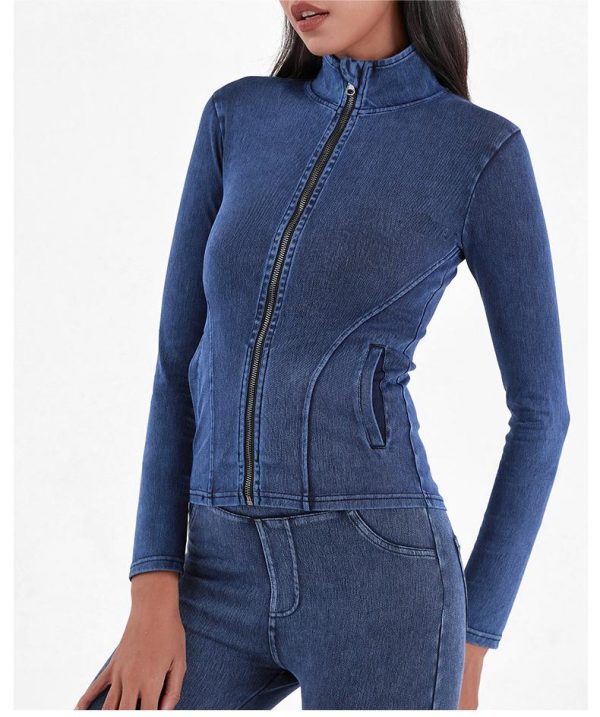 Knitted Denim Zipper Yoga Jacket for Women - Slimming Turtleneck Top