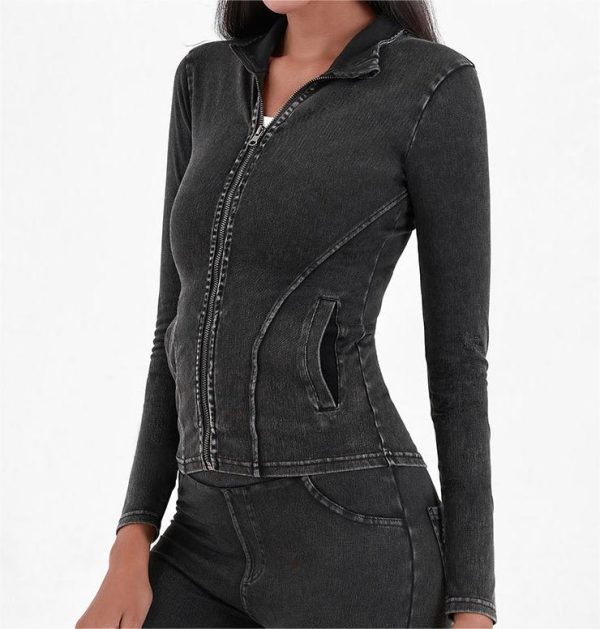 Knitted Denim Zipper Yoga Jacket for Women - Slimming Turtleneck Top - Image 4