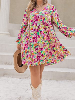 Plus Size Quick-Dry V-Neck Printed Beach Blouse Dress