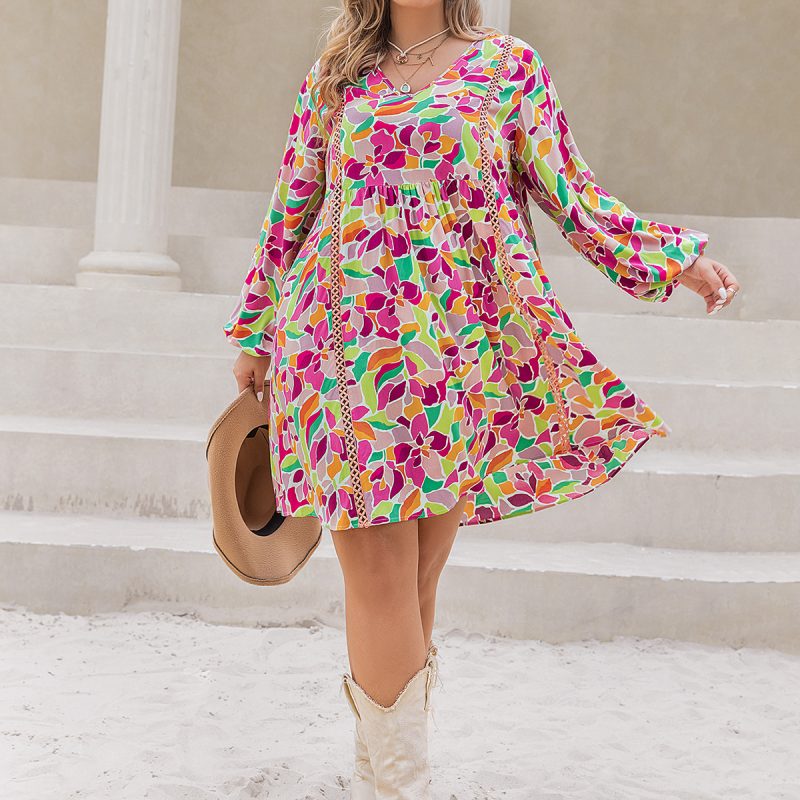 Plus Size Quick-Dry V-Neck Printed Beach Blouse Dress