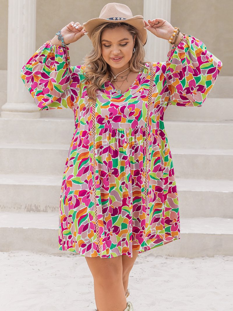 Plus Size Quick-Dry V-Neck Printed Beach Blouse Dress - Image 2