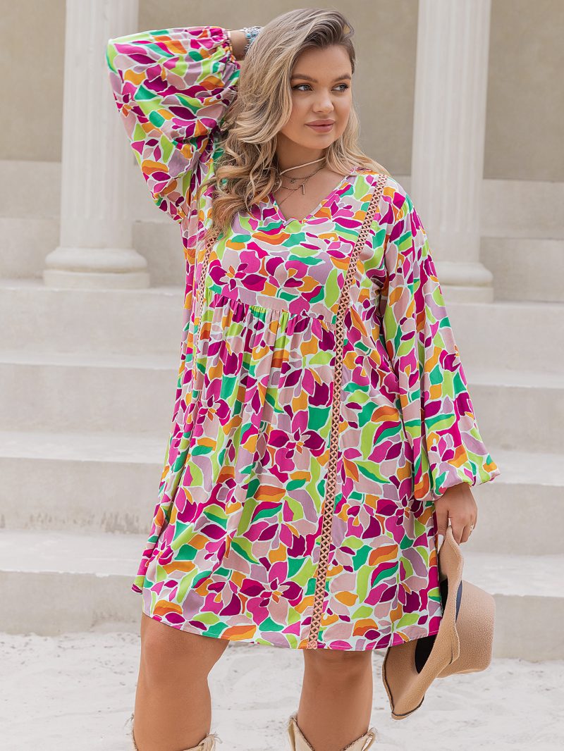 Plus Size Quick-Dry V-Neck Printed Beach Blouse Dress - Image 3