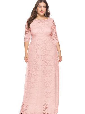 Plus Size Autumn Evening Maxi Dress with Hollow Out & Lace Detailing