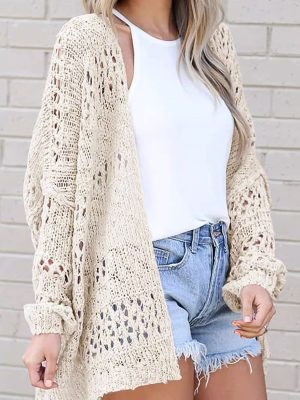 Women’s Bohemian Crochet Hollow Out Solid Color Knitted Cardigan