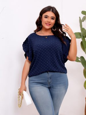 Plus Size Ruffle Sleeve Shirt – Round Neck Short Sleeve Blouse