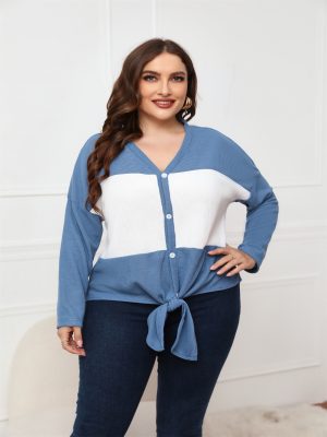 Plus Size Women Spring Autumn Long Sleeve V Neck Open Placket Top