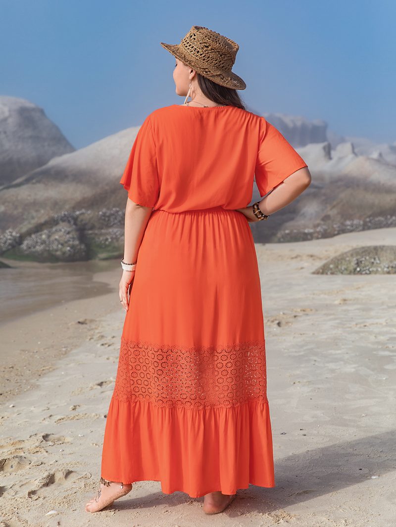 Plus Size Bohemian Hollow Out Lace V-Neck Maxi Dress - Image 5