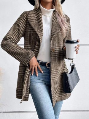 Collared Woolen Plaid Coat for Women – Slim Fit Autumn Winter