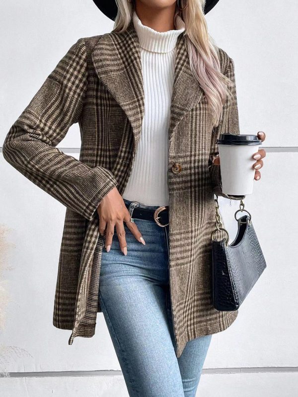 Collared Woolen Plaid Coat for Women - Slim Fit Autumn Winter