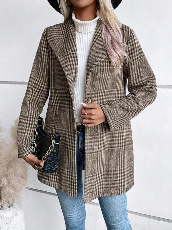 Collared Woolen Plaid Coat for Women - Slim Fit Autumn Winter - Image 3