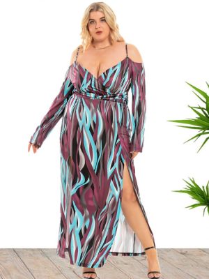 Plus Size Sexy Slit V-Neck Off Shoulder Dress