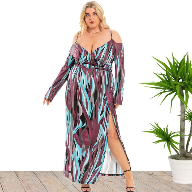 Plus Size Sexy Slit V-Neck Off Shoulder Dress