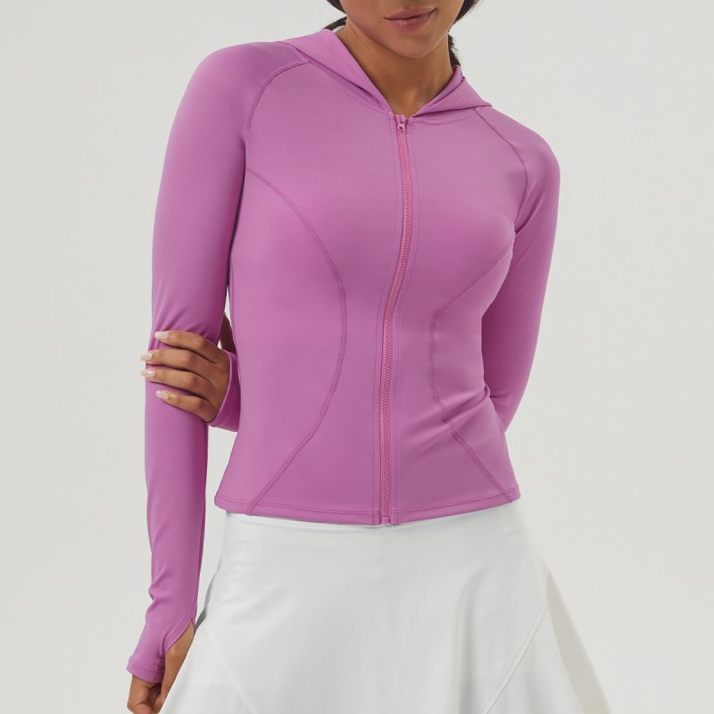 Autumn Winter Slimming Hooded Yoga Jacket Long Sleeve Zipper Workout Top