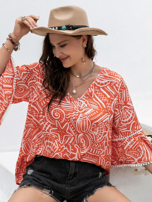 Plus Size Boho Orange Floral Print Casual Women’s Top