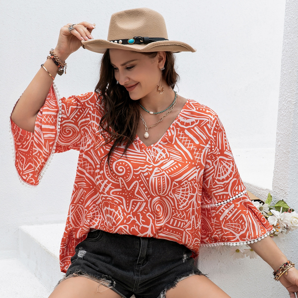 Plus Size Boho Orange Floral Print Casual Women’s Top