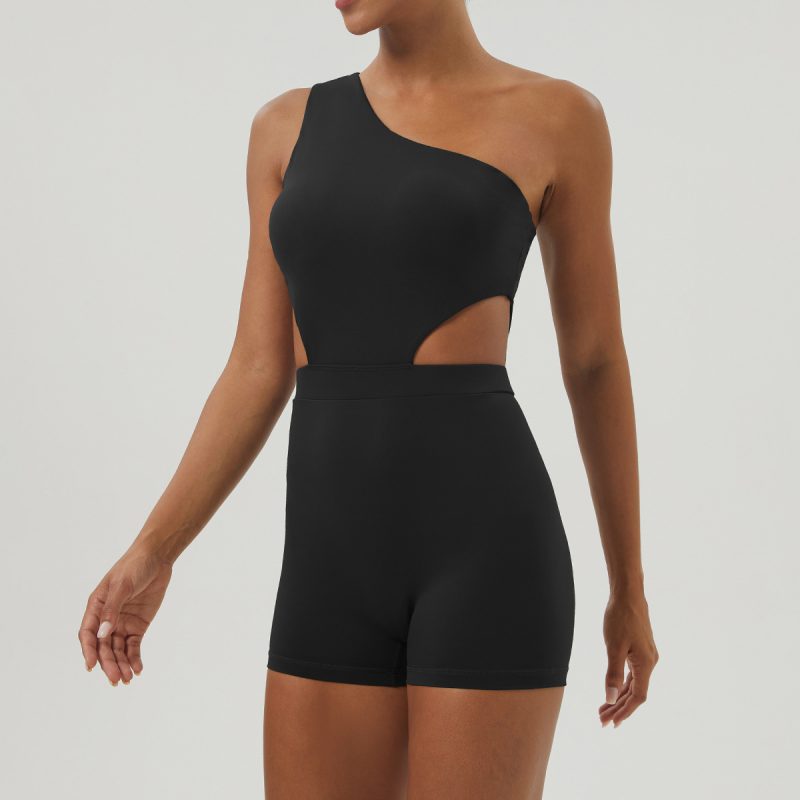 Slant Shoulder Sexy Yoga Jumpsuit Body Shaping Slim Fit Sports Shorts