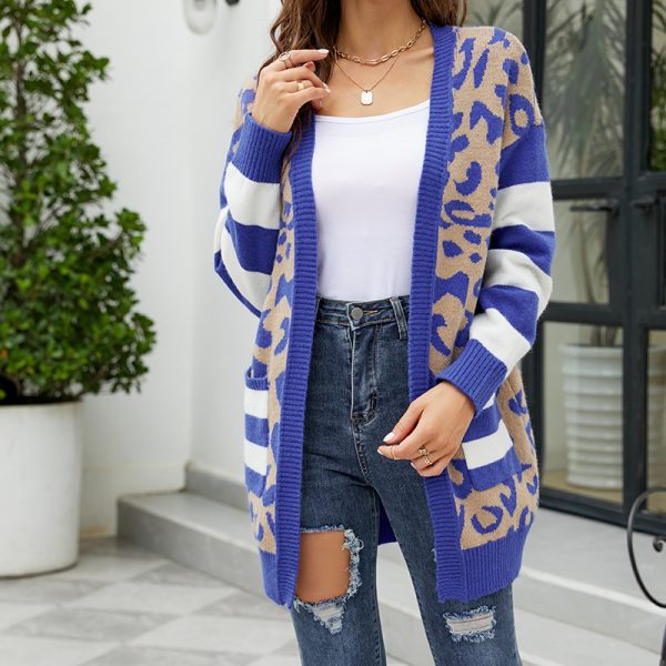 Women's Mid-Length Leopard Print Striped Sweater Coat - Image 4