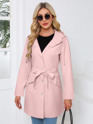 Women’s Hooded Waterproof Trench Coat with Belt, Casual Fit