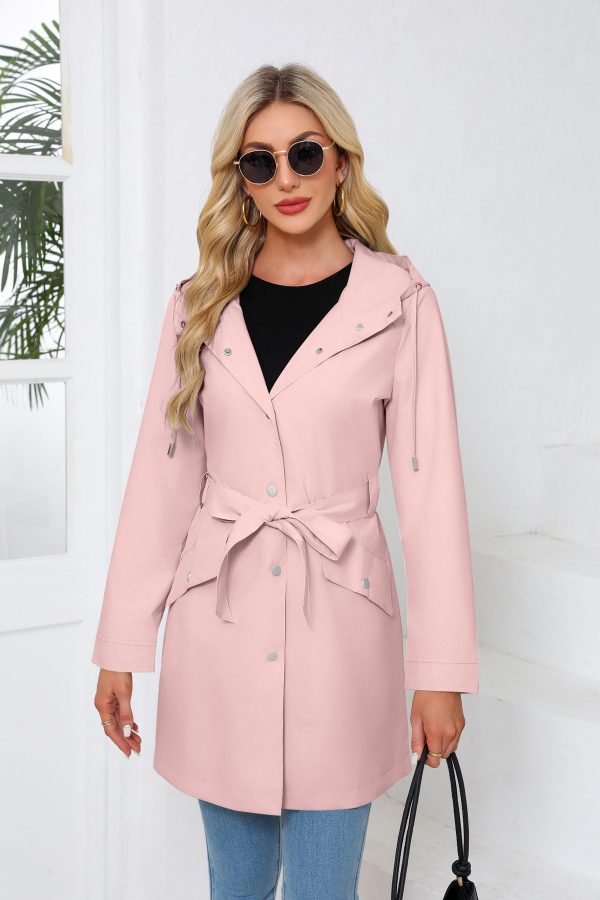 Women's Hooded Waterproof Trench Coat with Belt, Casual Fit