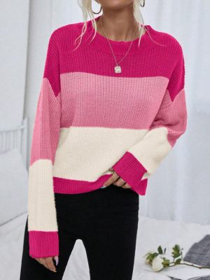 Women’s Autumn Winter Striped Contrast Color Knit Pullover Sweater