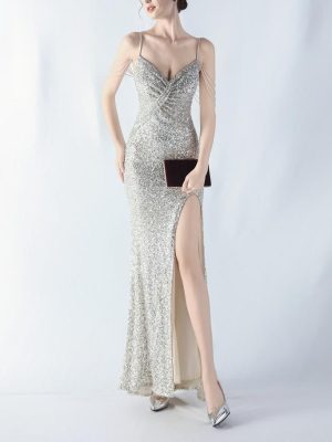 Sexy Sequin Beaded Sling High Slit Evening Dress