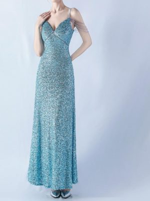 Sling A-Line Mesh Sequined Evening Dress