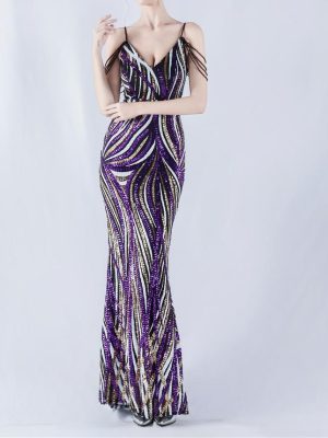 Sequin Striped Contrast Color Maxi Dress with Sling Straps