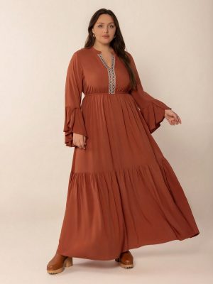 Plus Size Loose V-Neck Ribbon Long Sleeve Dress