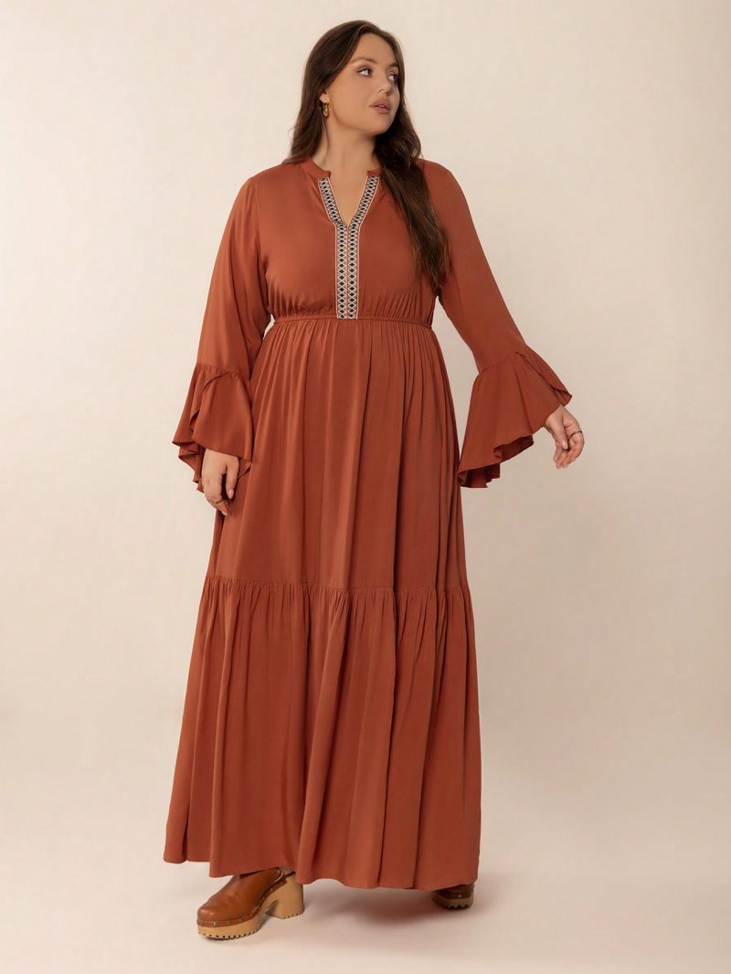 Plus Size Loose V-Neck Ribbon Long Sleeve Dress - Image 3