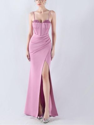 Boning Corset Satin Tight Waist Crystal Satin Evening Dress