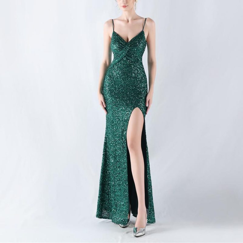 Sexy High Slit Sequin Strap Evening Dress